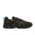 ASICS Gel Venture 6 Tiffany – all-black chunky trail-inspired trainer with teal GEL branding on midsole and teal collar accent, lateral view on white background