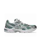 ASICS Gel 1130 Verdigris Pure Silver – sage green and silver chunky retro trainer with mesh upper, metallic silver ASICS Stripes and white midsole, lateral view on white background